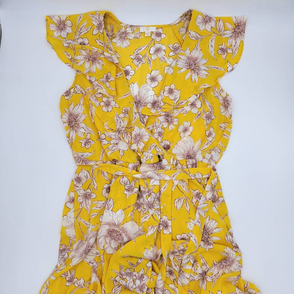 C Womens Wrap Casual Dress Yellow Floral Lined Flutter Sleeve Knee Length L